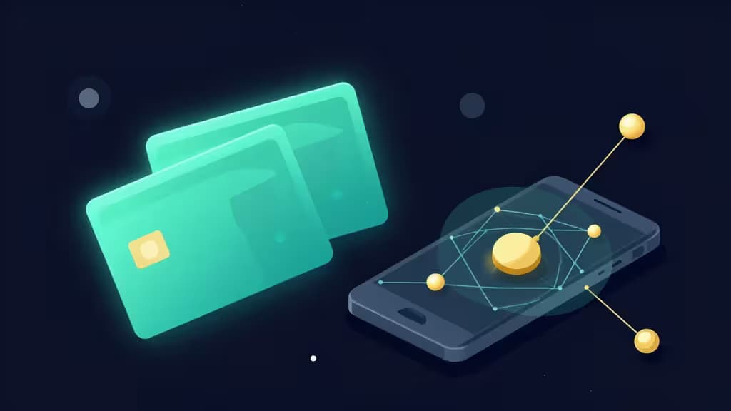 Glowing teal hardware wallet cards float beside a smartphone displaying a golden coin connected by a blockchain network.
