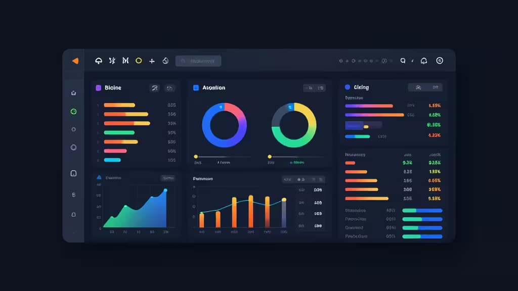 Dark-mode dashboard UI with colorful charts, graphs, and metrics for app performance monitoring.