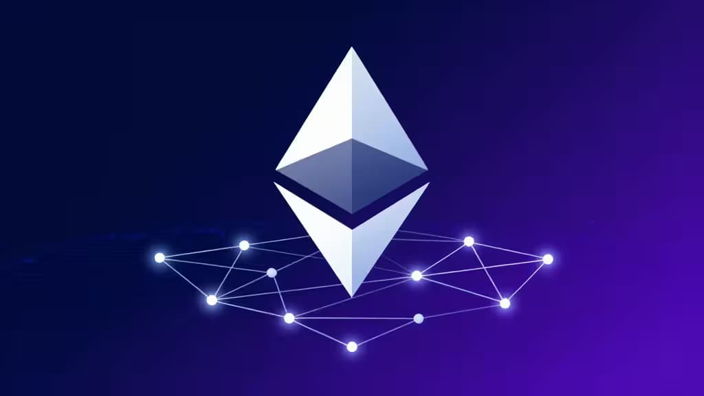 A glowing Ethereum logo rests atop a luminous network of interconnected nodes, symbolizing restaking infrastructure on a deep blue-purple gradient background.