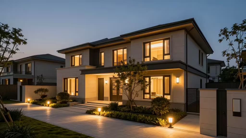 Casa moderna iluminada al atardecer con focos cálidos, luces de camino y enchufes inteligentes que realzan el atractivo exterior.