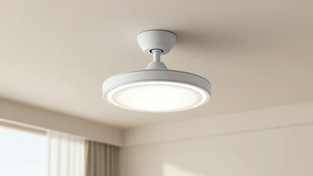 Ventilador de teto inteligente com anel LED integrado numa sala de estar moderna e luminosa