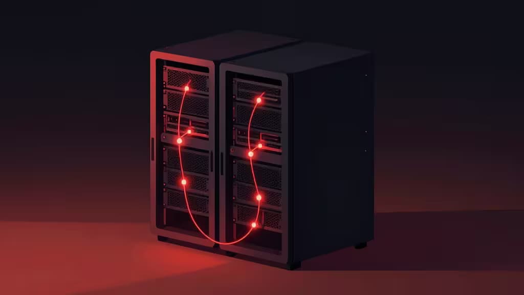 Glowing red data streams flow through dark server racks, symbolizing affordable managed Redis hosting for small apps.