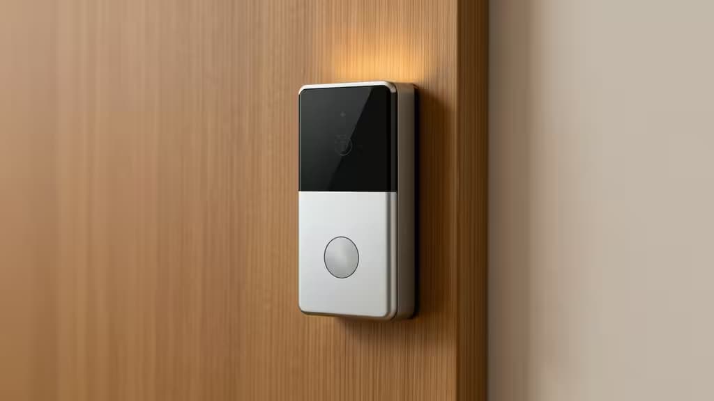 Sleek silver-and-black smart doorbell mounted on warm wood, emphasizing privacy-focused intercom design.