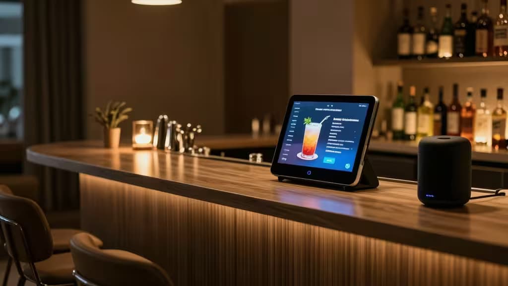 Une tablette affichant une recette de cocktail posée sur un bar en bois à côté d'une enceinte connectée
