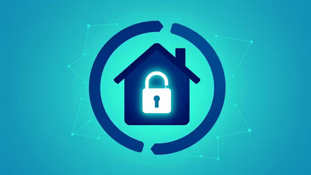 Un cadenas lumineux blanc au centre d'une silhouette de maison bleu foncé, entouré d'un anneau brisé et de nœuds réseau sur un fond dégradé teal.