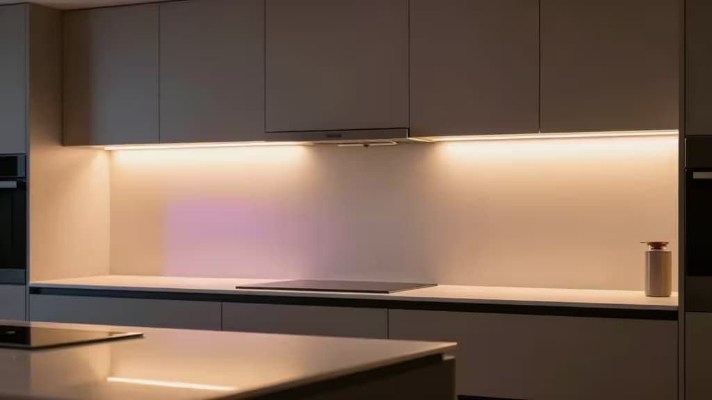 Modern kitchen with warm gradient LED light strips glowing beneath upper cabinets above sleek countertops