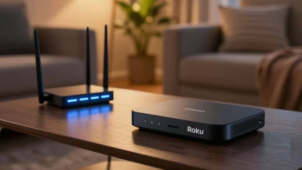 A black Roku streaming device and a router with blue lights sit on a wooden coffee table in a cozy living room.