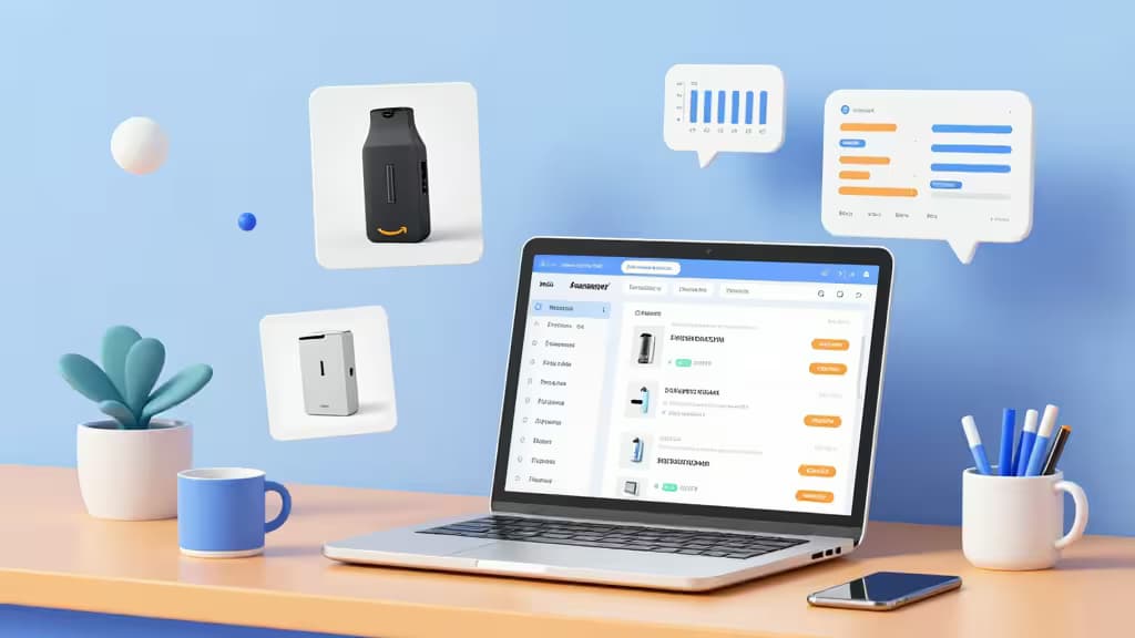 Laptop displays Amazon FBA dashboard with floating product images, analytics charts, and AI tool icons above a minimalist desk setup.