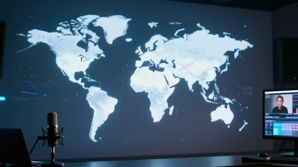 Een microfoon en monitor tegen een gloeiende wereldkaart, symbool voor wereldwijde AI-videodubbing voor YouTubers.