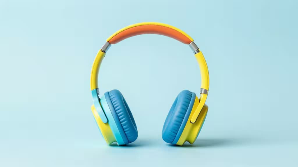 Colorful kids' headphones with yellow, blue, and orange accents on a light blue background.