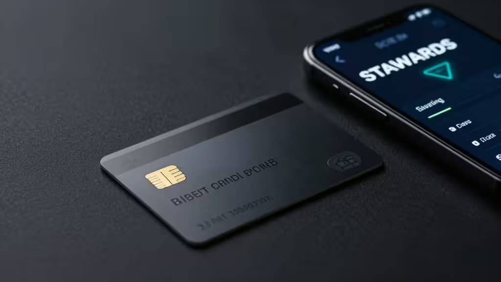 A sleek black crypto debit card with gold chip rests beside a smartphone displaying staking rewards interface.