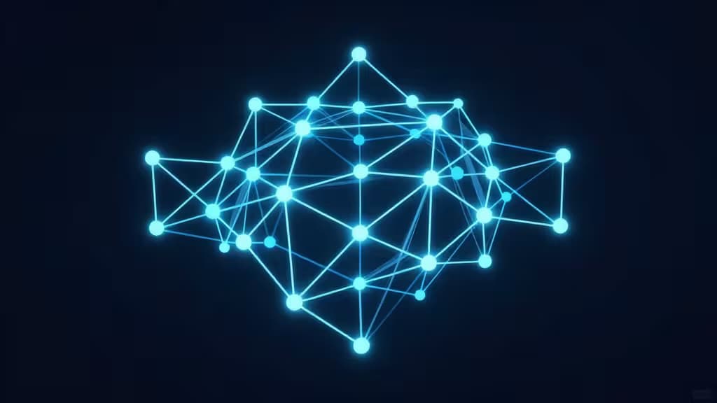 Abstract 3D visualization of interconnected glowing nodes forming a vector database lattice in deep navy and electric cyan