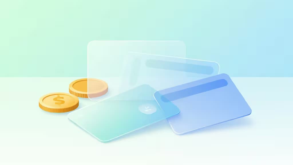 Tarjetas azul translúcido y monedas de oro sobre una superficie blanca con fondo verde menta suave.