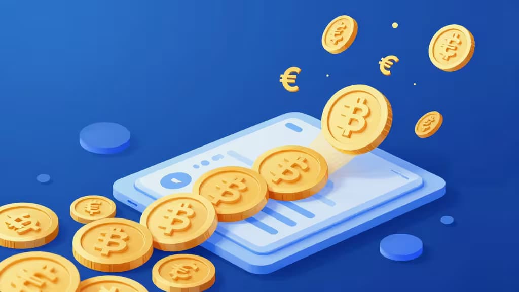 Illustration abstraite de cryptomonnaies se transformant en euros sur un compte bancaire, avec des pièces dorées et des symboles numériques convergeant vers une interface bancaire moderne.
