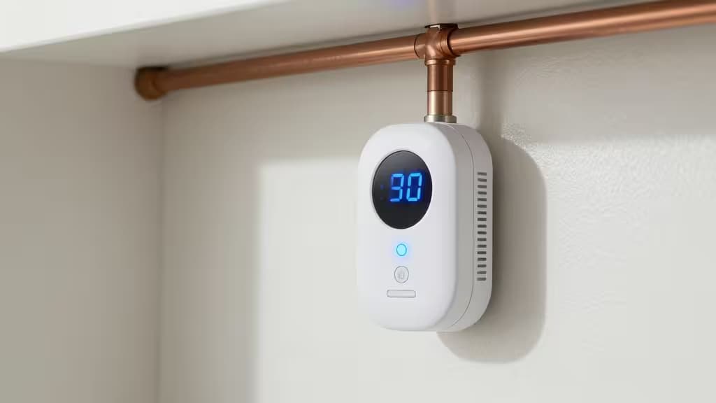 White smart leak detector with blue LED display mounted on copper pipe.
