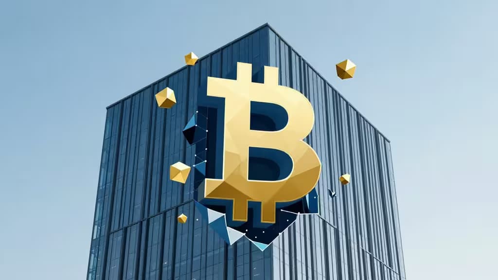 Abstract illustration of a modern building facade dissolving into geometric blockchain nodes in cool blue and gold tones