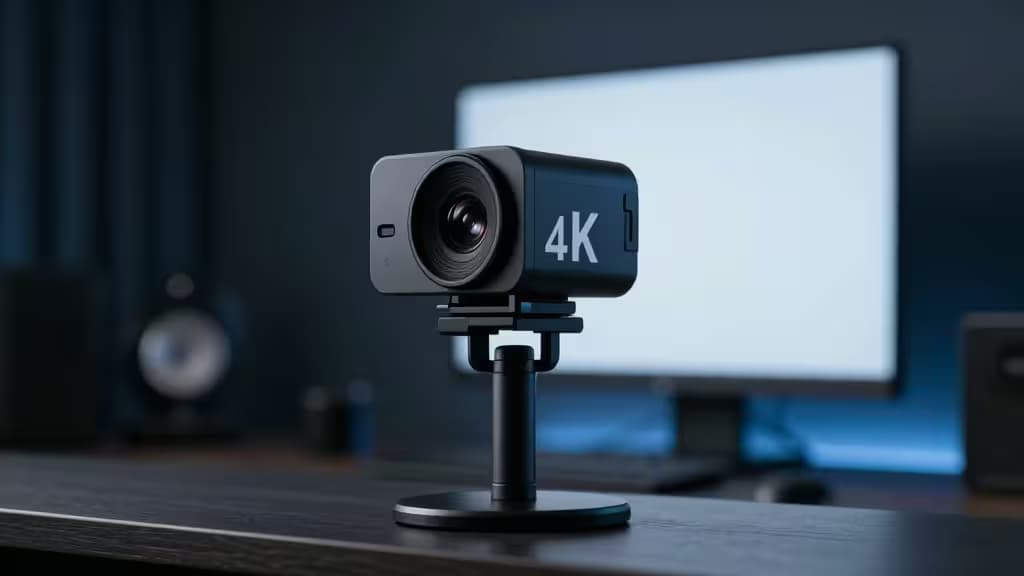 Une webcam 4K noire posée sur un bureau, avec un écran d'ordinateur en arrière-plan, éclairage studio tamisé