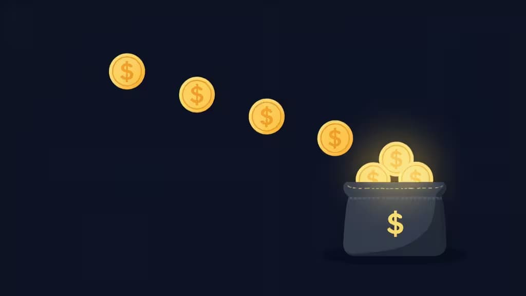 Golden dollar coins arc into a glowing wallet, illustrating recurring crypto investments.