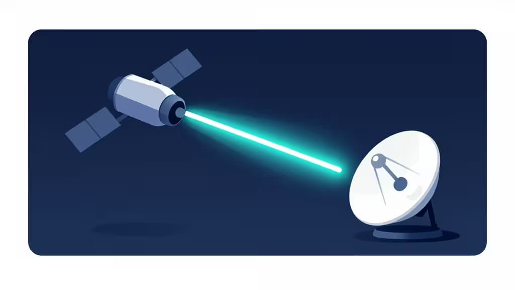Abstrakte Darstellung einer Satelliten-Internetverbindung mit verschlüsseltem VPN-Tunnel — Satellit strahlt Signal zu Bodenantenne, leuchtender Tunnel umhüllt den Datenstrom