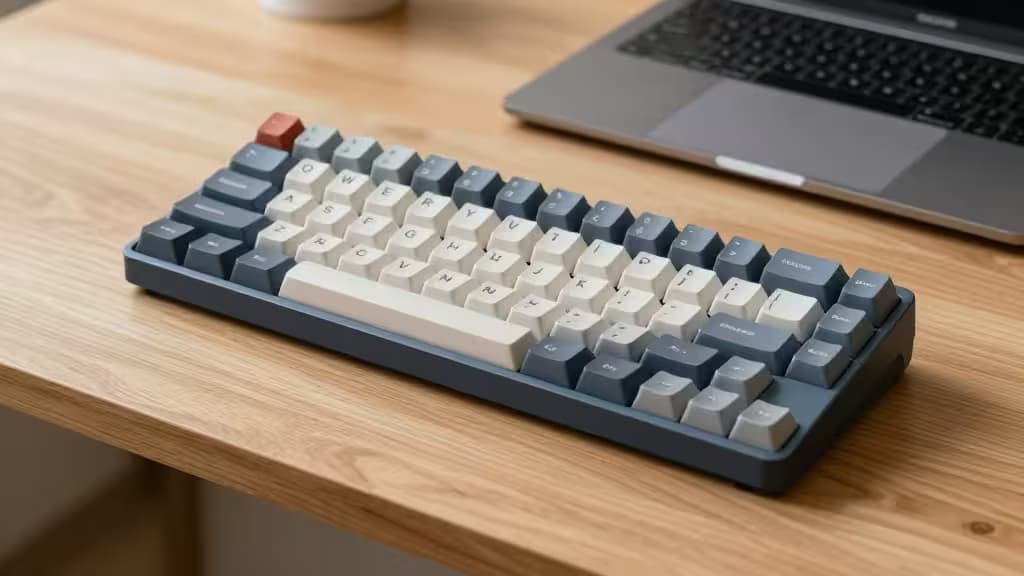 Alice-layout mechanical keyboard with grey and white keycaps sits on a wooden desk beside a MacBook.