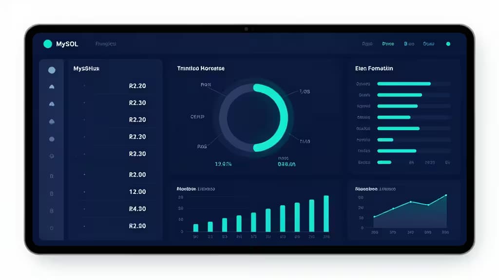 Laptopscherm toont MySQL-dashboard met teal grafieken, metrics en navigatie op een donkerblauwe interface.