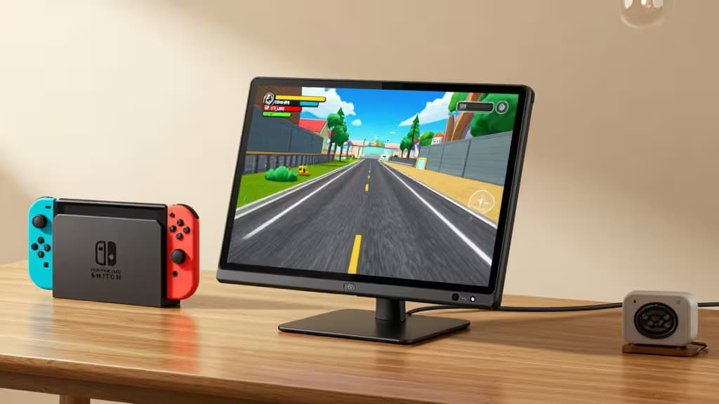 Un écran portable noir affichant un jeu de course posé à côté d'une console Nintendo Switch sur un bureau en bois.