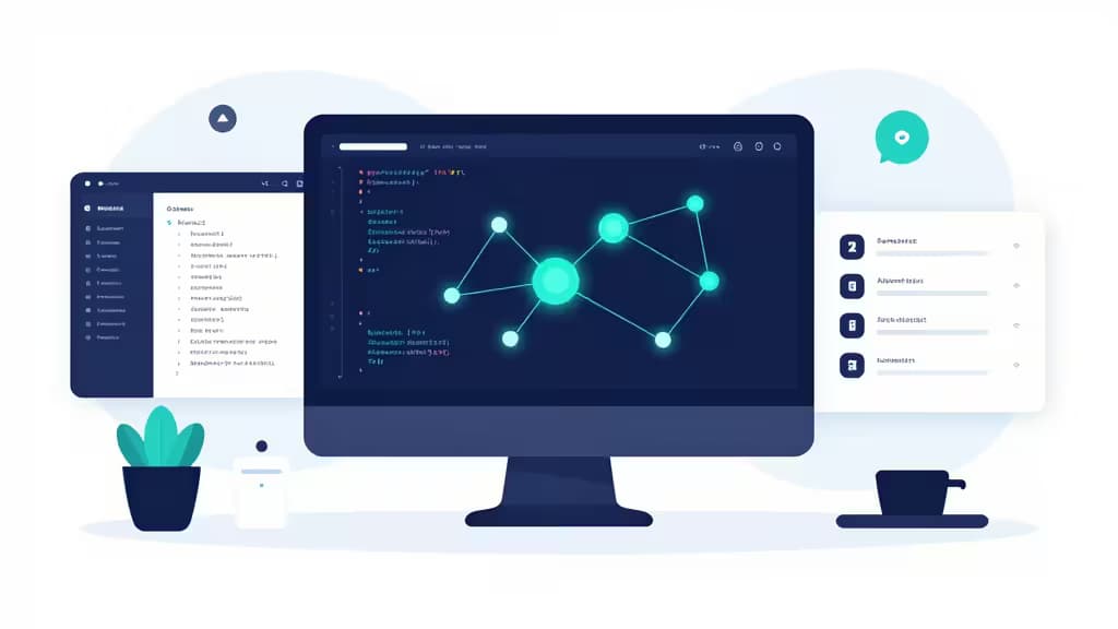 Écran affichant un graphe IA avec code API, entouré d'outils open-source et d'une tasse de café.