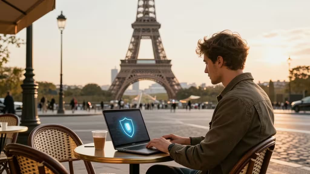 A man works on a laptop displaying a blue security shield at a Parisian café, with the Eiffel Tower in the background.