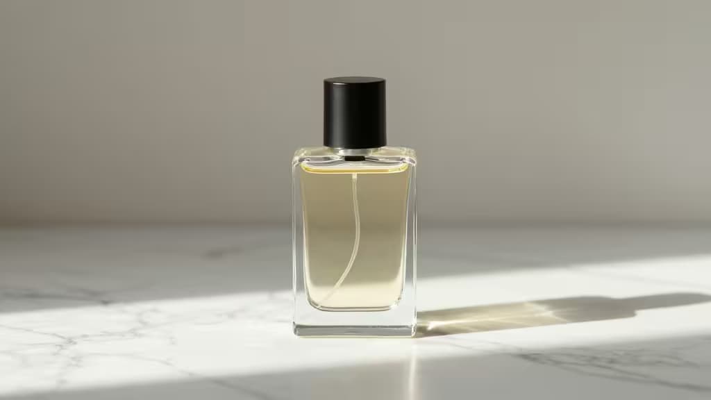 A minimalist perfume bottle with black cap sits on marble, casting soft shadow under natural light.