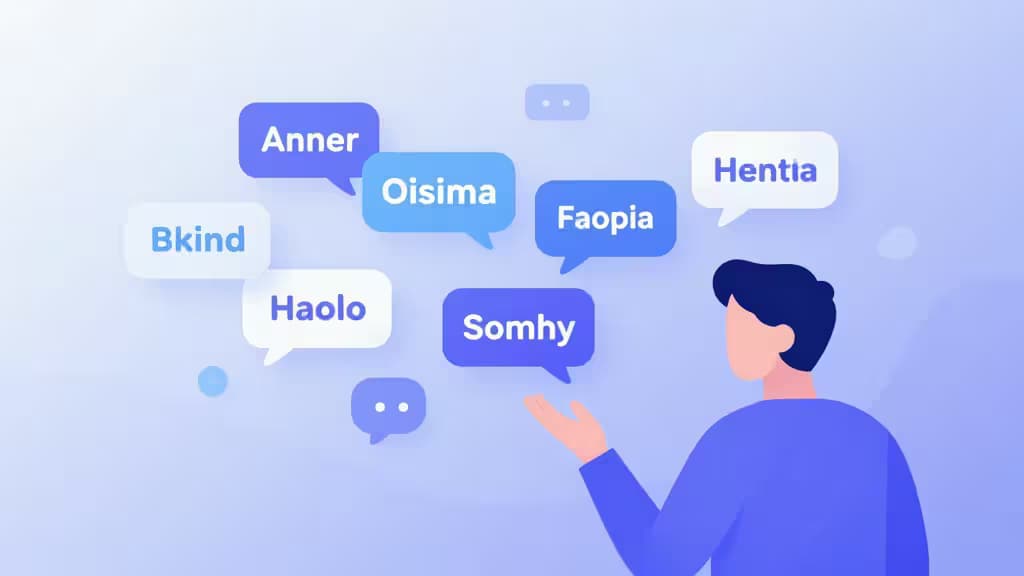 A stylized figure gestures toward floating speech bubbles with AI-generated language names.