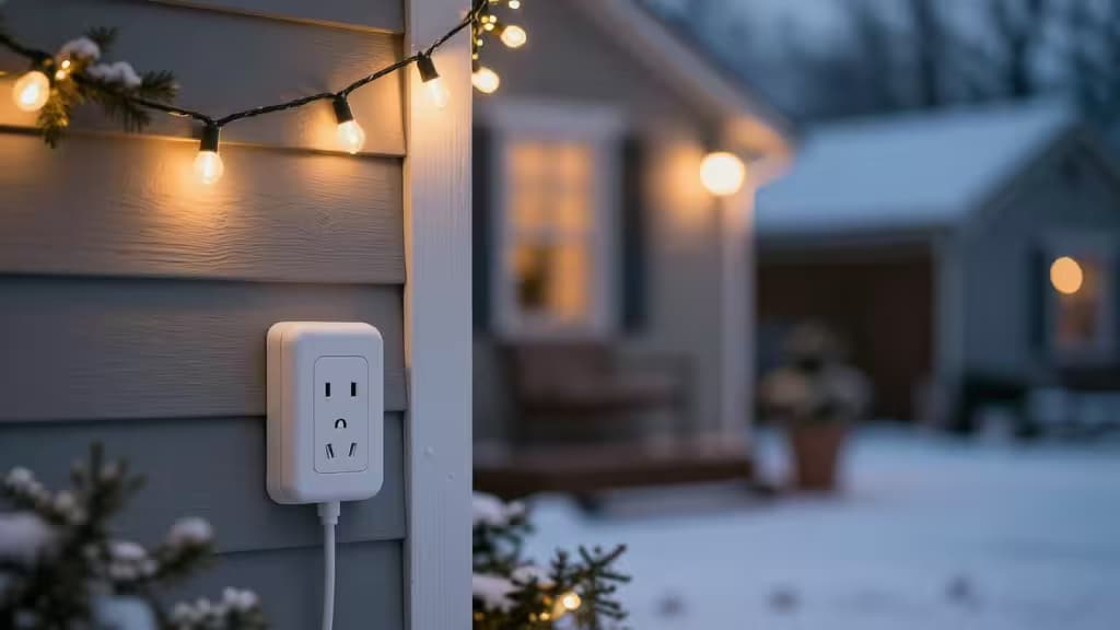 Une prise connectée blanche fixée sur un mur gris alimente des guirlandes lumineuses chaudes devant une maison enneigée et décorée pour les fêtes.