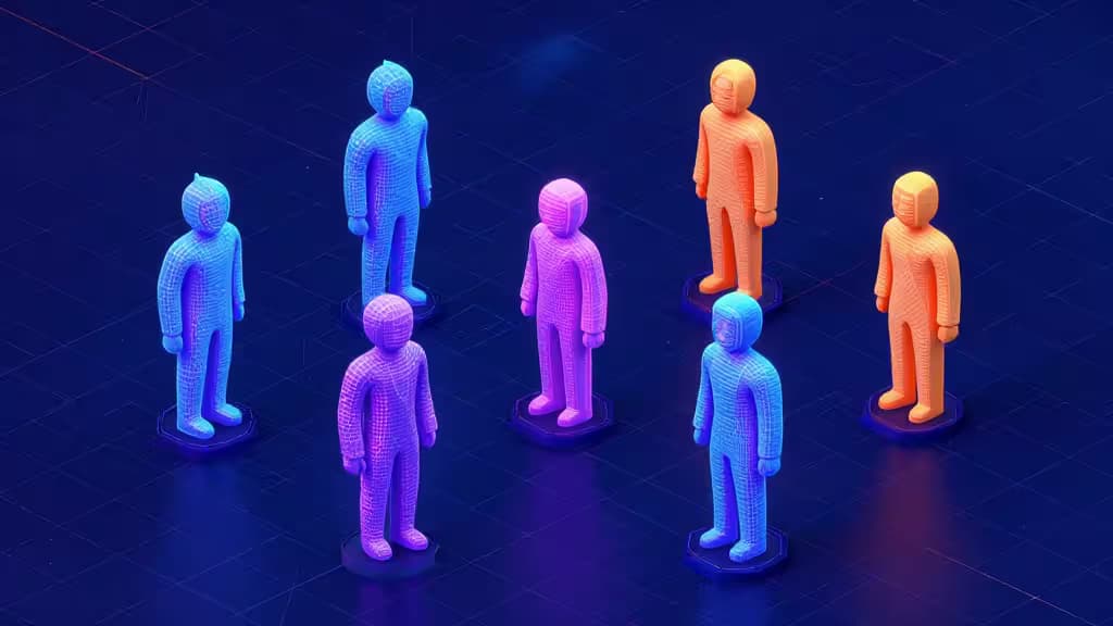 Colorful 3D human models with grid textures stand on glowing platforms against a dark digital grid background.