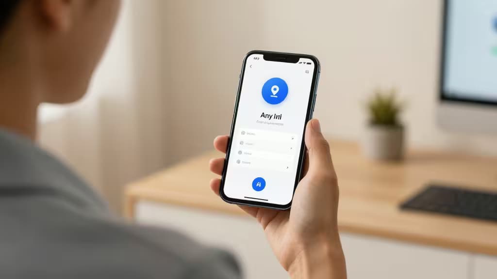 Osoba trzymająca smartfon z interfejsem aplikacji dostępnościowej, pinezką lokalizacji i opcjami menu.