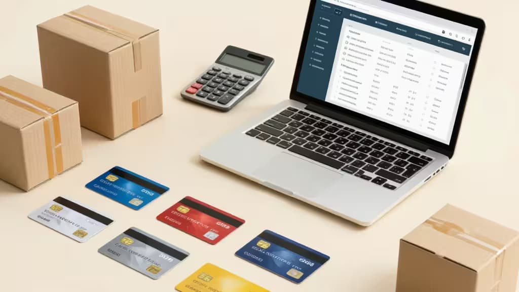 Laptop zeigt E-Commerce-Dashboard neben Stapeln von Versandkartons, einem Taschenrechner und fünf Business-Kreditkarten.
