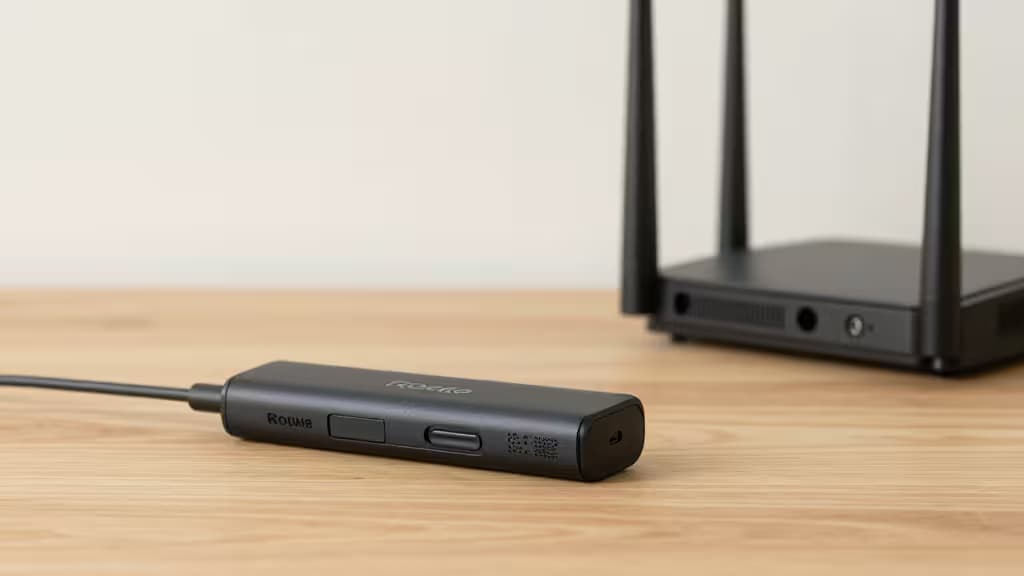 Black Roku streaming stick rests on wood surface, with router blurred in background.