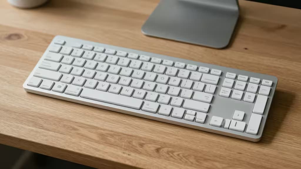 White ergonomic keyboard rests on light wood desk, promoting wrist comfort in minimalist setup.