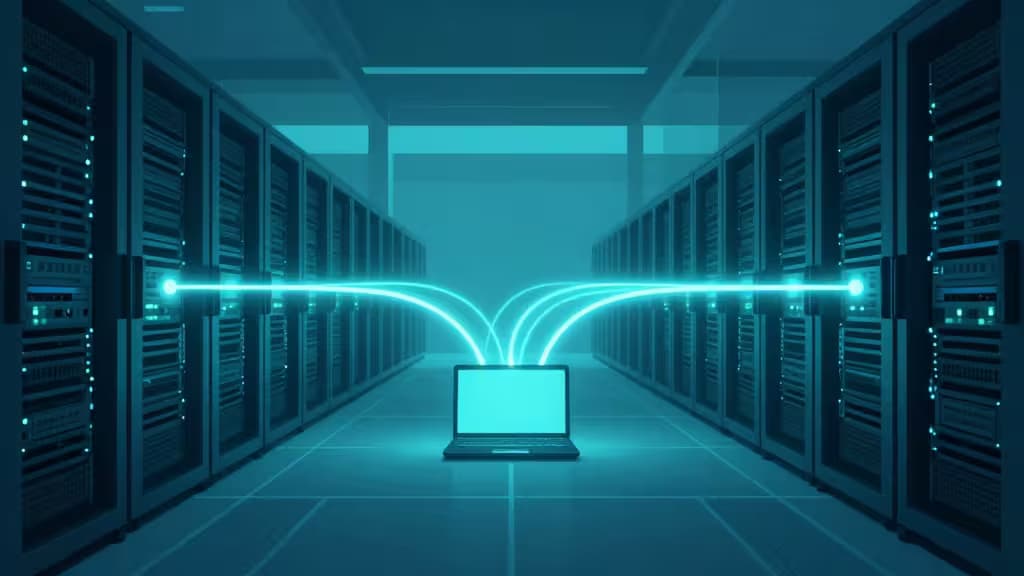 Un ordinateur portable se connecte via des flux de données bleus lumineux à des baies de serveurs dans un centre de données faiblement éclairé, symbolisant un accès IA sécurisé et privé via une infrastructure VPN auto-hébergée.