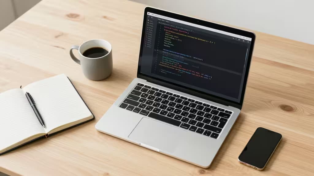 Laptop displays Next.js code beside notebook, coffee, and phone on wooden desk.