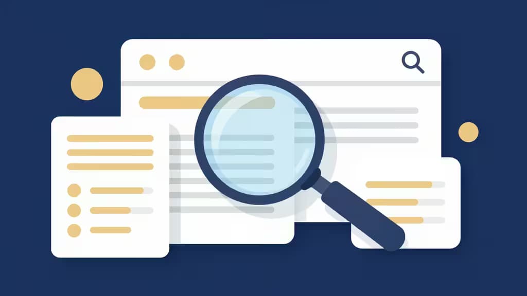Magnifying glass examines search results on layered UI cards against navy blue background.