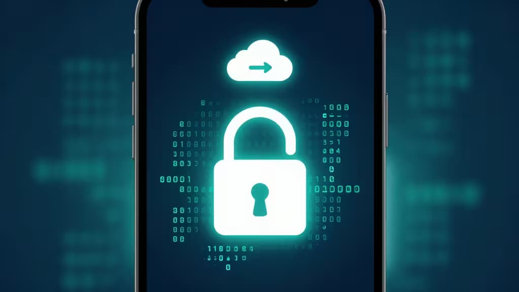 Abstract smartphone displaying a glowing padlock with floating numeric code digits and an encrypted cloud sync symbol, in deep navy and teal tones.