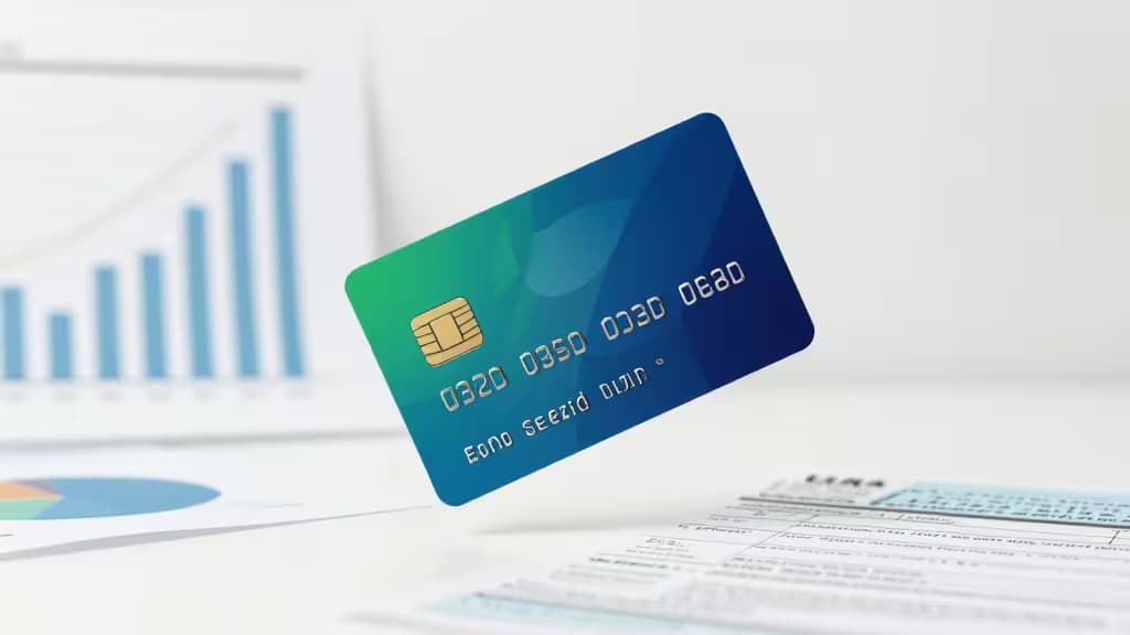 Blue gradient credit card floats above financial documents, symbolizing EIN-only business credit cards with no personal credit check.