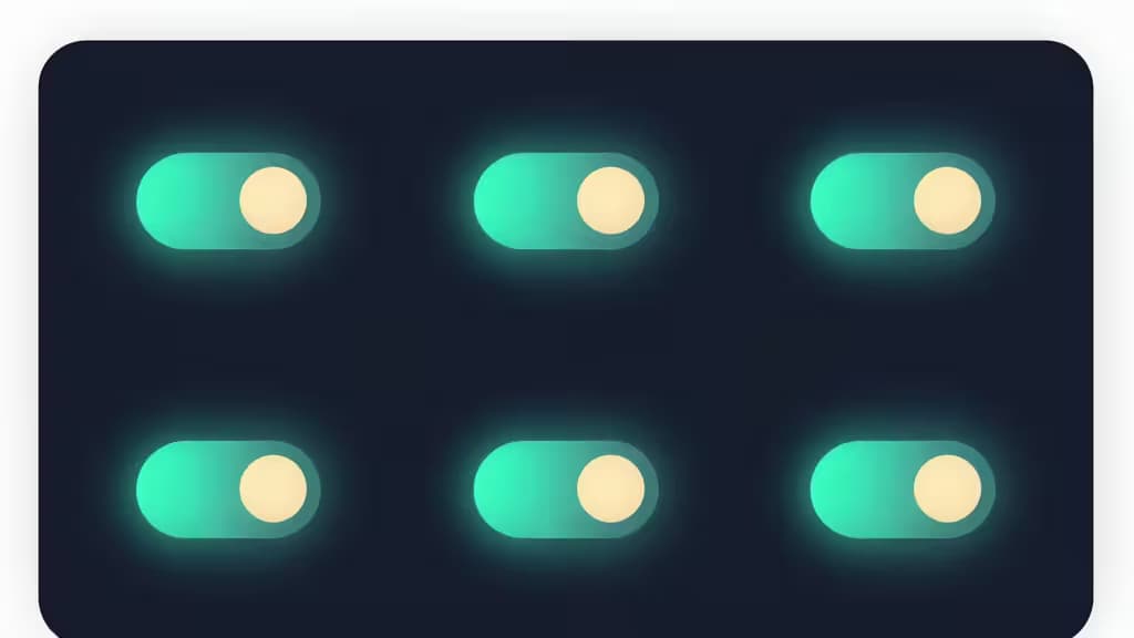 Zes gloeiende teal schakelaars verlichten een donker dashboard, symboliserend actieve feature flags voor budgetbewuste ontwikkelaarsteams.