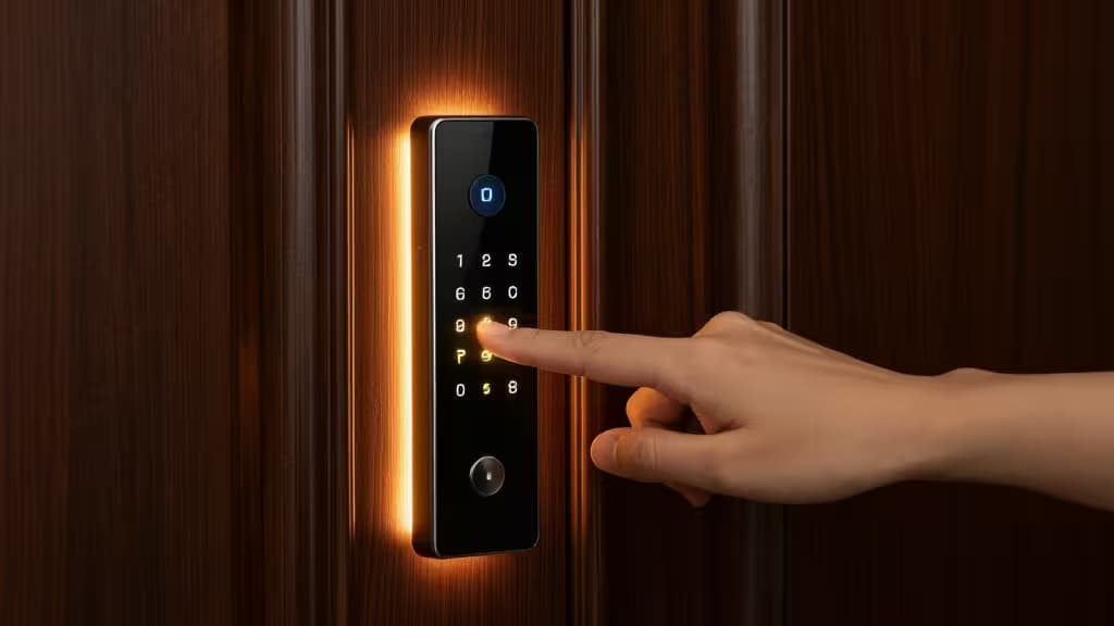 Una mano presiona un teclado numérico iluminado en una cerradura inteligente negra y elegante montada sobre una puerta de madera oscura.