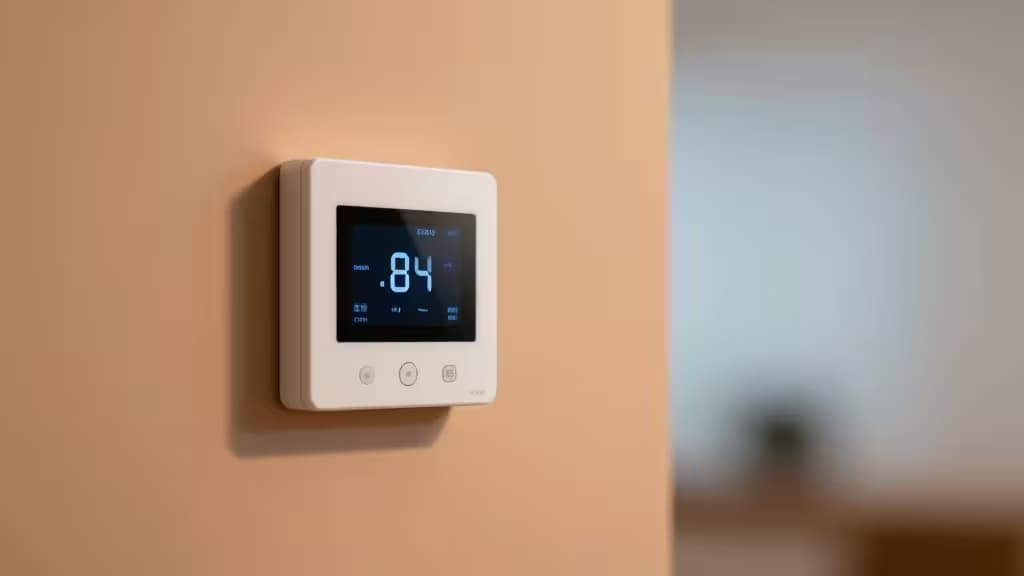 A white smart thermostat with a digital display showing 84°F is mounted on a beige wall.