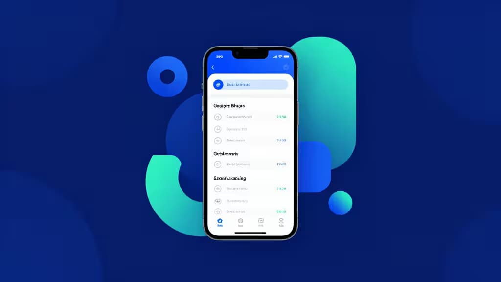 Composition abstraite représentant la banque en ligne pour entreprises : un smartphone affichant un tableau de bord financier entouré de formes géométriques flottantes dans des tons bleus et turquoise.