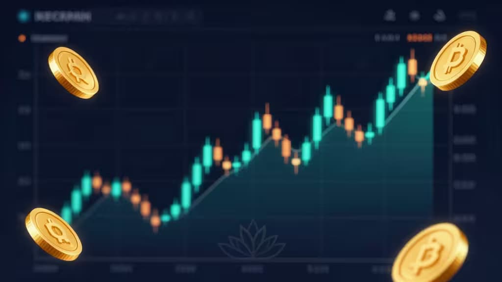 Pièces Bitcoin dorées flottant autour d'un graphique en chandeliers teal et orange sur fond d'interface de trading numérique bleu foncé.