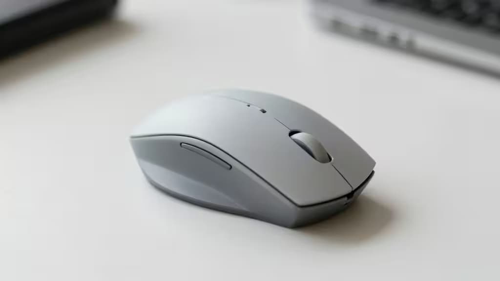 A sleek, gray vertical mouse rests on a white desk, showcasing its ergonomic design tailored for small hands.