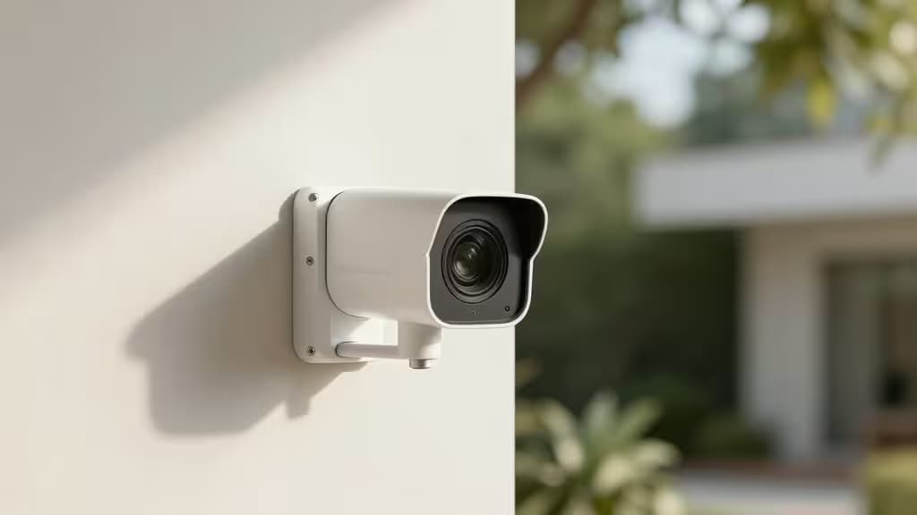 White security camera mounted on wall, local storage, no subscription needed.