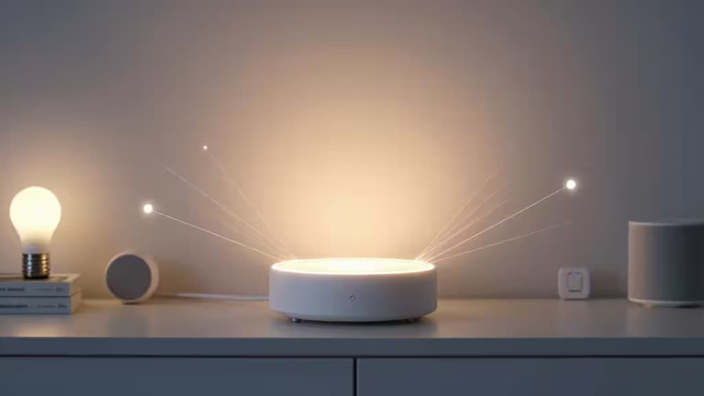 A glowing smart home hub on a minimalist shelf, connected by luminous threads to smart devices in the background.
