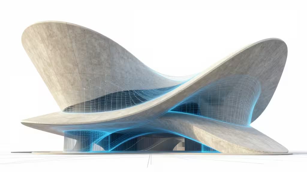 Parametryczna forma betonowa z niebieskimi nakładkami siatki wizualizuje projektowanie architektoniczne wspomagane AI.